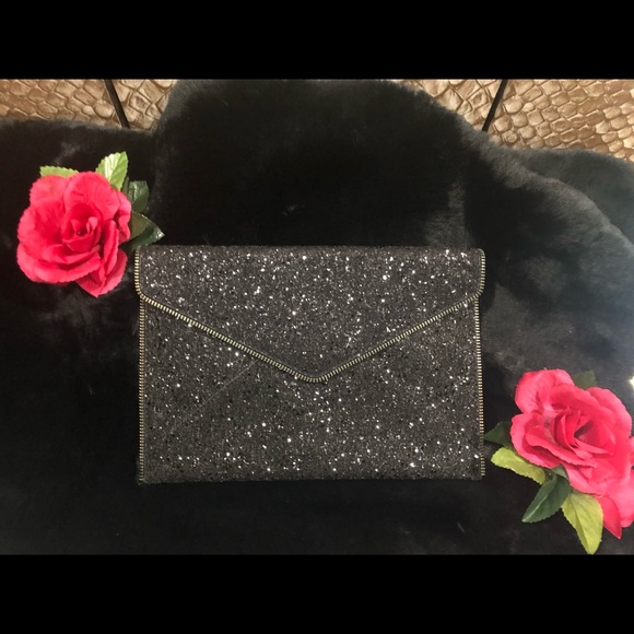 NWT! Rebecca Minkoff  Black Sparkly Envelope Clutch with Gunmetal Hardware - Picture 3 of 16